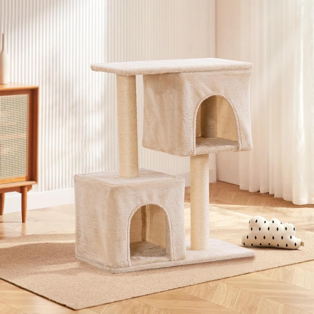 28 Inch Small Cat Tree Tower for Indoor Cats, Cat Condo House with Large Perch, 2 Cat Caves, Scratching Posts, Beige