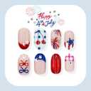 4th of July Press on Nails Medium Almond Fake Nails Red White Blue False Nails with Fireworks Star Bow Designs Cute Acrylic Nail Full Cover Acrylic Glue on Nails for Women Girls Manicure 24Pcs