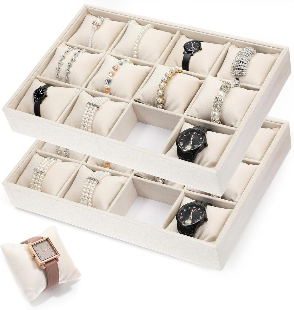 2 Pack Velvet Watch Tray 12 Grid Jewelry Organizer Tray Beige Stackable Watch Bracelet Bangle Display Holder With Adjustable Pillows for Men Women