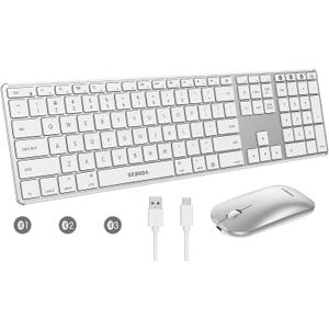 seenda Bluetooth Keyboard and Mouse for Mac, COS500 Multi-Device Rechargeable Keyboard Mouse with Quiet Keys, Full Size Slim Combo Compatible for MacBook Pro/Air, Mac, iPad, iPhone - White Silver