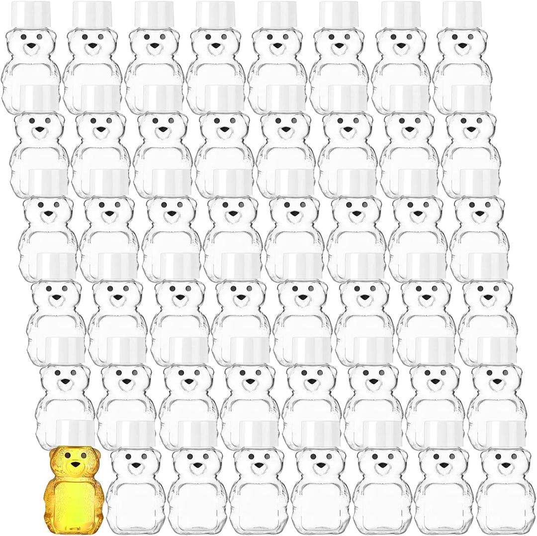 Patelai 48 Pcs 2 oz Plastic Honey Bear Bottle Clear Empty Honey Containers Bulk Reusable Mini Cup Jars with Lids Juice Bottle for Holidays Baby Shower Gifts(White)