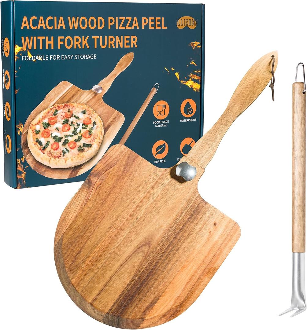 Acacia Wood Pizza Peel & Wooden Paddle Set  Folding Handle Pizza Board with 18 Turning Fork, Pizza Oven Tools & Accessories for Homemade Pizza, Bread & Baking, Gifts for Pizza Lovers