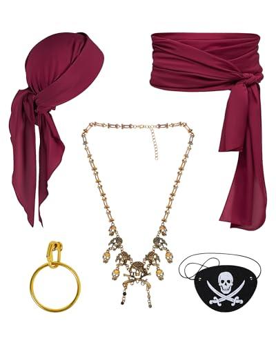WooHand Pirate Costume Accessories Set: 5-Piece Pirate Head Scarf, Sash, Necklace, Eye Patch & Earring for Adults (Red)