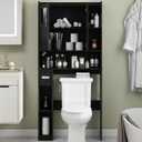 Vabches Over The Toilet Storage Cabinet, Bathroom Shelf Over Toilet with Glass Doors and Adjustable Shelves, Black Freestanding Home Space Save Toilet Rack, for Restroom, Bathroom, Laundry, W31.69''