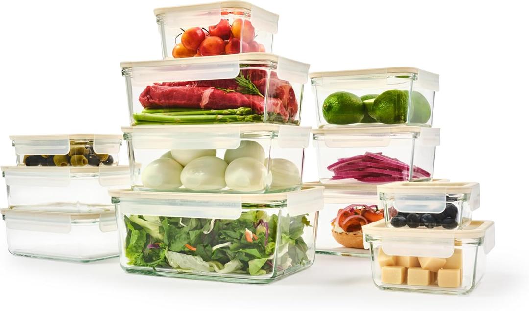 Glasslock Sens 24Pcs Glass Food Storage Set  Airtight & Leakproof, 8 Different Sizes, Anti Slip Lid, Microwave & Oven Safe, Meal prep, Lunch Box, Nestable & Stackable, Pantry Storage