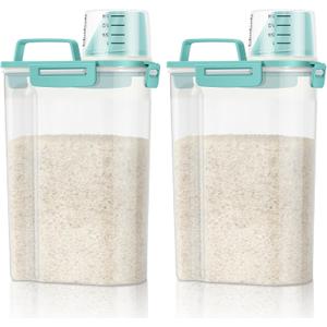 TBMax Rice Container Cereal Storage Container 2 Pack 5 Lbs, Kitchen Pantry Dry Food Storage Holder with Easy-Pouring Spout & Handy Cup, Small Pet Dog Cat Food Dispenser for Daily Feeding -Cyan (Cyan 3+3Qt)