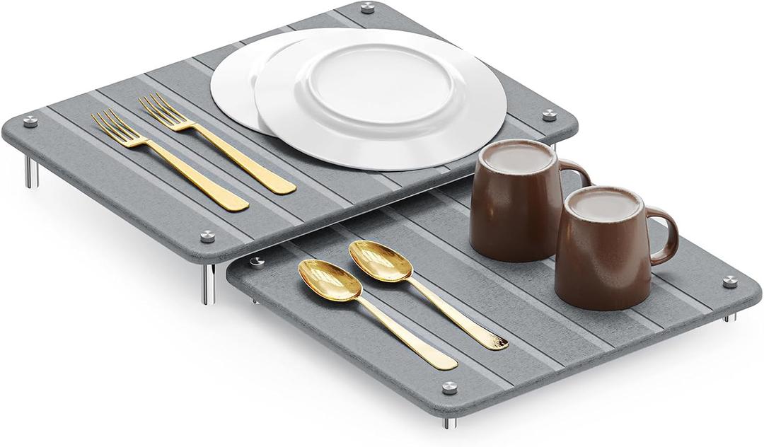 SpaceAid 2 Pack Stone Dish Drying Mats for Kitchen Counter, Expandable Absorbent Rack Dish Pad, Quick Dry Diatomaceous Earth Dishes Mat Tray, Absorbing Sink Stone Mat Board (Gray) (15.8"L x 11.8"W)