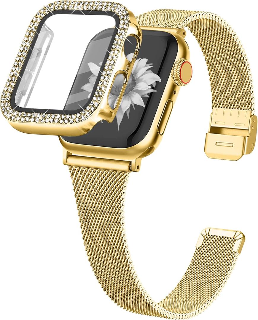 Joyozy Slim Stainless Steel Band Compatible with Apple Watch 38mm 40mm 41mm 42mm 44mm 45mm 46mm Milanese Strap with Bling Glitter Case Built-in Screen Protector Dressy Bracelet Band for Women (Gold 38mm)