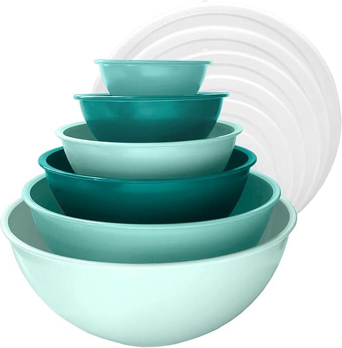 Edge Plastic Mixing Bowls 12 Piece Nesting Set 6 Prep Bowls and 6 Lids, for Baking, Cooking and Storing, Tonal Mint