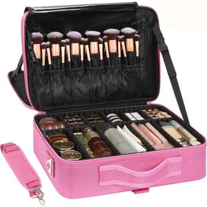 Relavel Makeup Case Large Makeup Bag Professional Train Case Travel Cosmetic Organizer Brush Holder Waterproof Makeup Artist Storage Box, 3 Layer Large Capacity, with Adjustable Strap, Rose Pink