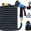 J&B XpandaHose 75ft Expandable Garden Hose with Holder - Heavy Duty Superior Strength 3750D - 4 -Layer Latex Core - Extra Strong Brass Connectors and 10 Spray Nozzle w/Storage Bag (Blue 75)