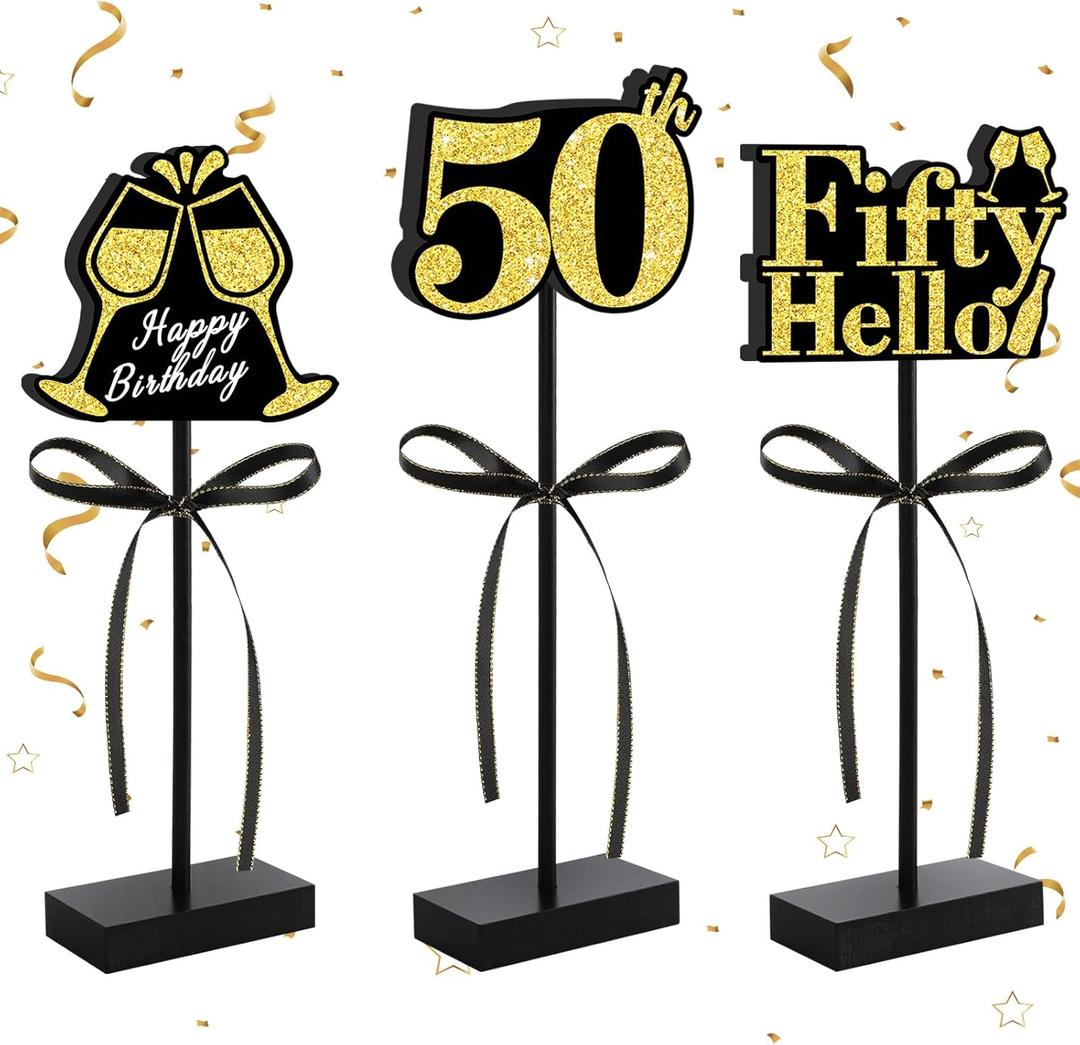 50th Black Gold Glitter Centerpieces for 50th Birthday Table Decorations,Wood Signs Happy Fifty Years Old B-Day Table Topper for Men and Women Birthday Party Supplies (3 Pcs)