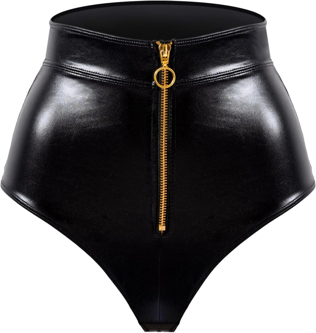 Women Faux Leather Brief High-Waist Panty with Front-Open Zipper (Black, XL)