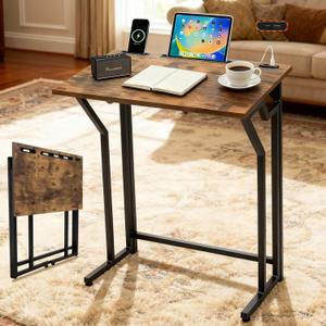 24"Wx 28"H Folding TV Tray for Eating, Foldable TV Dinner Table, Side Table Slide Under Couch, C-Shaped End Table with Devices Slot & Charging Stations, Small TV Tray for Living Room, Bedroom(Brown)