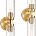 Lanhall 2 Light Bathroom Wall Sconce Set of 2,Modern Farmhouse Brushed Brass Gold Bathroom Light Fixture Over Mirror with Clear Glass Shade,Vanity Light for Hallway Cabinet Bedroom Stairway Porch
