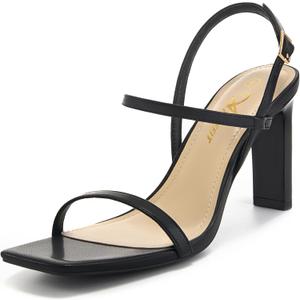 Athlefit Women's Strappy High Heels Square Open Toe Heeled Sandals Ankle Strap Dressy Wedding Party Shoes (6.5, Black)