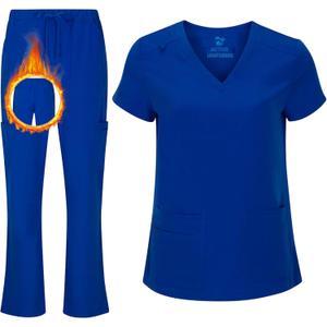 Women's Cool Stretch V-Neck Top and Cargo Pant Scrub Set with Regular and Petite Sizes (X-Large, True Royal Blue)