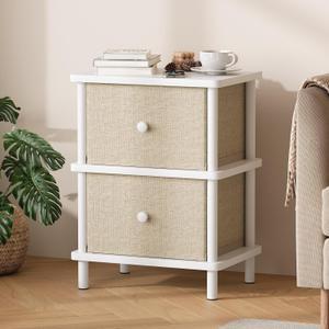 Apicizon Nightstand with 2 Storage Drawers, Boho Side Table with Solid Wood Legs, End Table for Small Spaces, Bedroom, Living Room, Entryway, White