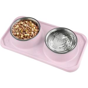 Cat Bowls for Food and Water,Premium Removable Stainless Steel Double Bowls with Non-Slip Bottom & Elevated Stand for Pet and Small Dogs,Upgrade Non-Spill Cat Food Bowls (Light Pink)