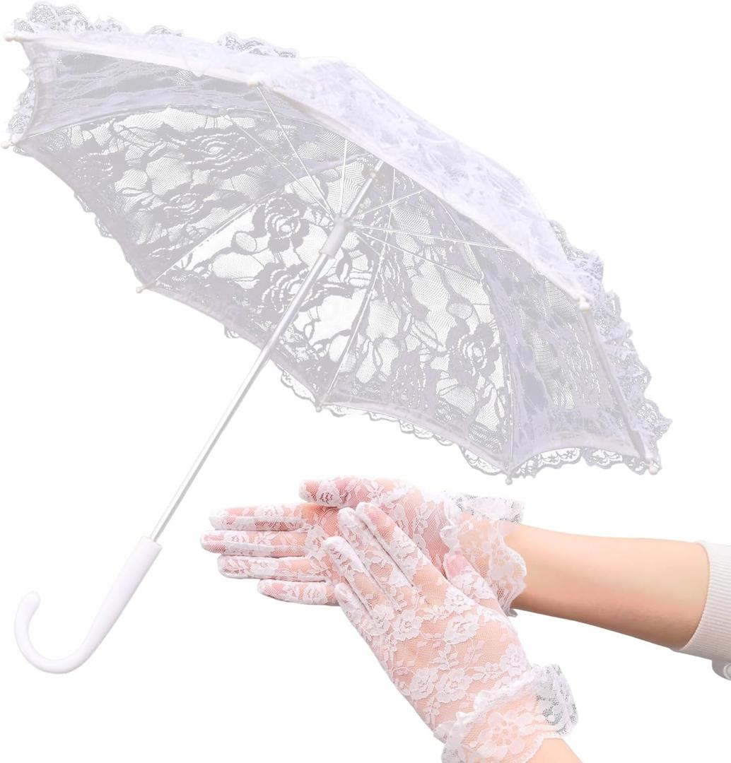 Mini White/Pink Lace Parasol with Floral Gloves, Vintage Lace Umbrella for Wedding Decor, Tea Party & Photography Props