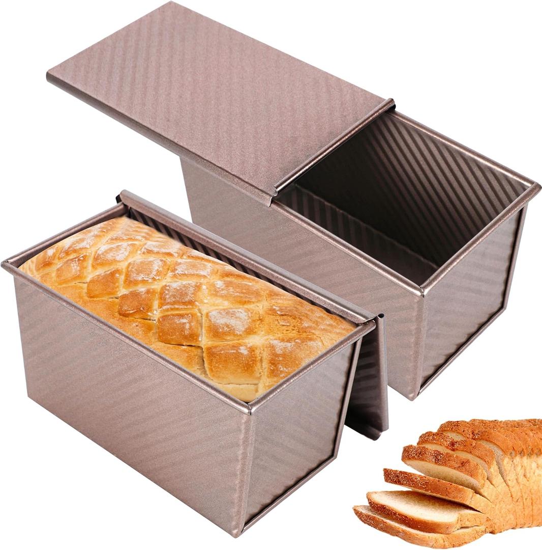 2pack Pullman Bread Pans with Lid, 1LB Capacity Bread Loaf Pan, Non-Stick, Easy Release Sandwich Bread Loaf Pan for Baking Homemade Bread (8.3inch, Gold)