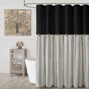 Farmhouse Shower Curtain Linen Blcak Button Woven Fabric Country Rustic Western, Pleated Black Stripe 72" W x 72" L