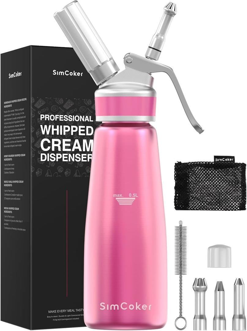 Whipped Cream Dispenser,Aluminum Cream Whipper 500mL/1 Pint,3 Decorating Nozzles,1 Brush, 1 Storage Bag,Homemade Whipped Cream Maker,Pink