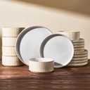 Stoneware Plates and Bowls Dishes Sets for 6 (18-Piece), Famiware Premium Handcrafted Reactive Glaze Dinnerware Set with Raised Rim, Scratch Resistant, Microwave Dishwasher Safe, Cappuccino White