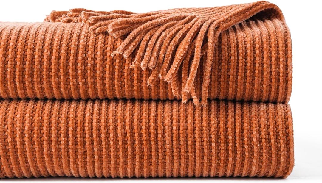 BATTILO HOME Rust Orange Throw Blanket for Couch, Soft Chenille Knit Throws with Tassels for Home Decor, Fall Caramel Throws for Couch Cover, 60"x80"