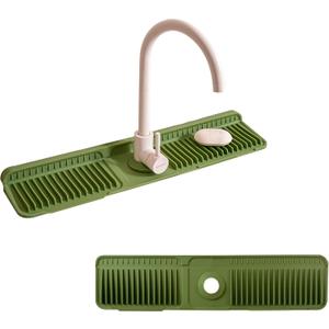 24" Silicone Sink Splash Guard - Kitchen Sink Accessories with Drip Tray, Sponge Holder & Soap Dish, 6 Slope Design for Easy Drainage, Foldable & Fasten Button for Secure Fit, Green (24" x 5.5")