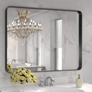 LOAAO 40X32 Inch Black Metal Framed Bathroom Mirror for Wall, Matte Black Bathroom Vanity Mirror Farmhouse, Large Rounded Rectangle Mirror, Anti-Rust, Tempered Glass, Hangs Horizontally or Vertically