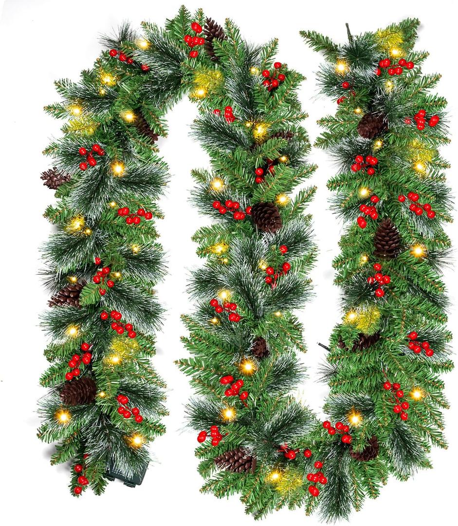9ft Christmas Garland with Snow, Pinecones, Red Berry,50 Battery Operated Soft White LED Lights with Timer,Artificial Holiday Decoration Door Outdoor