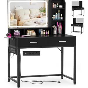 Small Vanity Desk, Vanity Desk with Mirror and Lights, Makeup Vanity Desks with Power Strip, Vanity Table with Drawers and Shelves, Adjustable Lighting, Dressing Table for Bedroom Room, Black