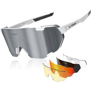 X-TIGER Polarized Cycling Glasses Men Women 5 Interchangeable Lenes UV400 Sports Sunglasses Baseball Running Fishing (White&black-5 Lens)