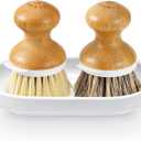 SUBEKYU Dish Brush, Bamboo Dish Scrubber Brush Set with Tray, Natural Kitchen Dishwashing Scrub Brush for Cleaning Dishes/Pans/Pots, Built-in Scraper, Natural Sisal + Palm Bristles, Set of 2