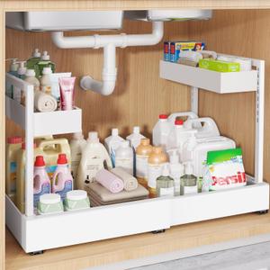 Expandable Under Sink Organizer with 3 Ball-Bearing Slide Rails, 2-Tier Pull-Out Under Cabinet Storage Shelf for Kitchen & Bathroom, Height-Adjustable Slide-Out Cabinet Drawer White, 1-Pack, Size: 16.6"D×12.8"–20.5"W×16"H(U-Shape,1 Pack)