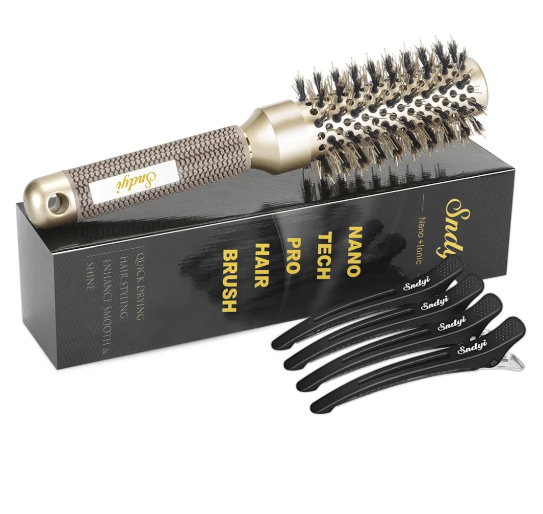 Sndyi Small Round Brush for Blow Out, Nano Thermal Ceramic Ionic Round Hair Brush with Boar Bristles, Boost Shine & Volume, For Short Hair with Quick Blow Drying & Salon Styling - 2.3'', Barrel 1.3''