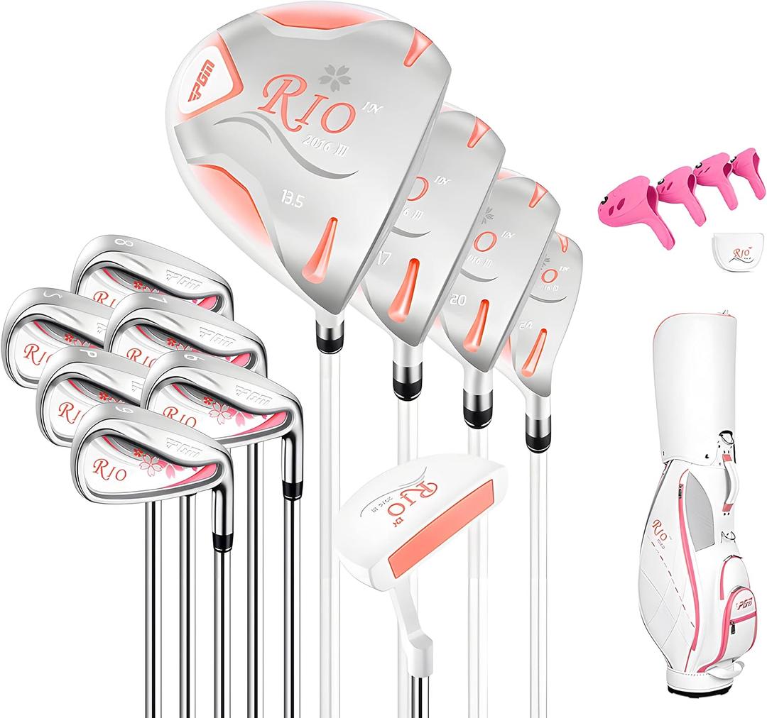 PGM Rio Ladies Womens Complete Right Handed Golf Clubs Set Includes Titanium Driver, S.S. Fairway, S.S. Hybrid, S.S. 6-9, PW/SW Irons, Putter, Stand Bag, 5 Headcover LTG038, Standard Ladies