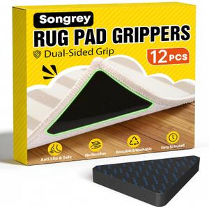 Songrey Rug Tape Rug Corner Grippers 12PCS, Reusable Double-Sided Carpet Tape to Hold Area Rugs Down, Non Slip Rug Pads Gripper for Hardwood Floors No Damage (Black)