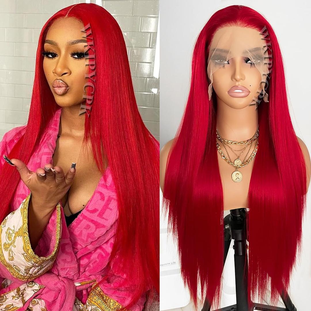 Red Lace Front Wig, 22-Inch Long Straight Hair, Heat Resistant Fiber, Glueless, Adjustable Straps, Soft Texture, Vibrant Red Color, Easy Styling
