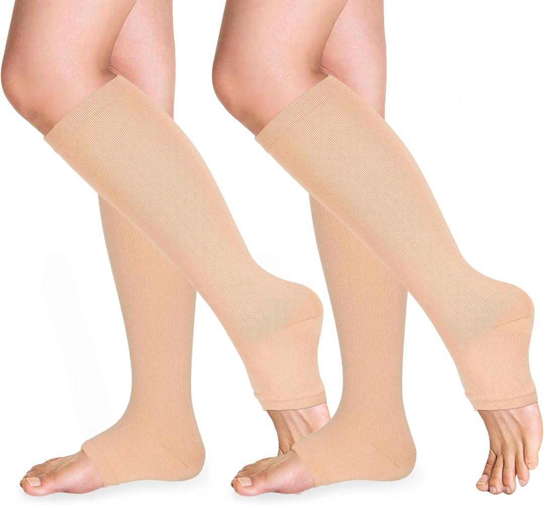 Open Toe Compression Socks 15-20 mmHg for Women and Men Knee High Toeless Circulation Compression Stockings (XX-Large, Nude)