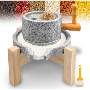 Natural Stone Grain Mill, Manual Granite stone grinder with Wooden Base, 11.75"L x 7.79"W x 7.76"H