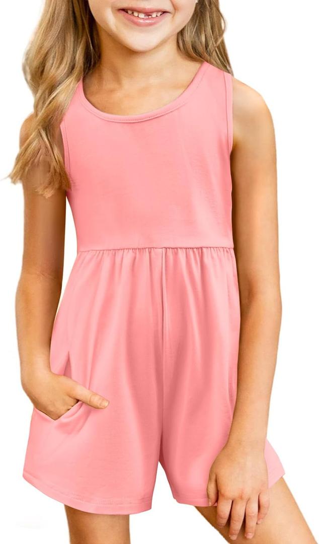 Arshiner Girls' Casual Summer Sleeveless Jumpsuits Loose One Piece Romper Short Overalls Outfits with Pockets (4, Pink)