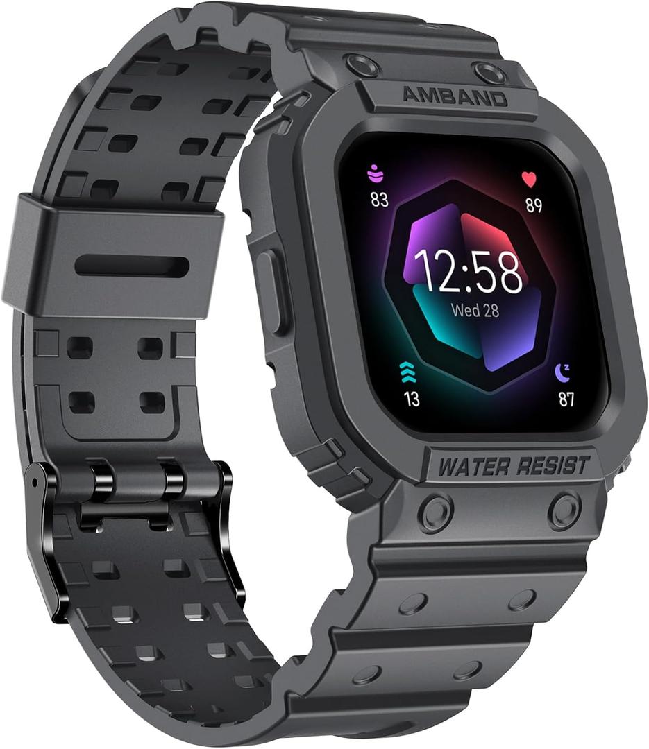 amBand Compatible for Fitbit Versa 4/3/2/ Fitbit Versa Lite/Fitbit Sense 2/ Fitbit Sense Bands with Case, Protective Smartwatch Case Strap Rugged Sport Protector Wristbands Men Gray