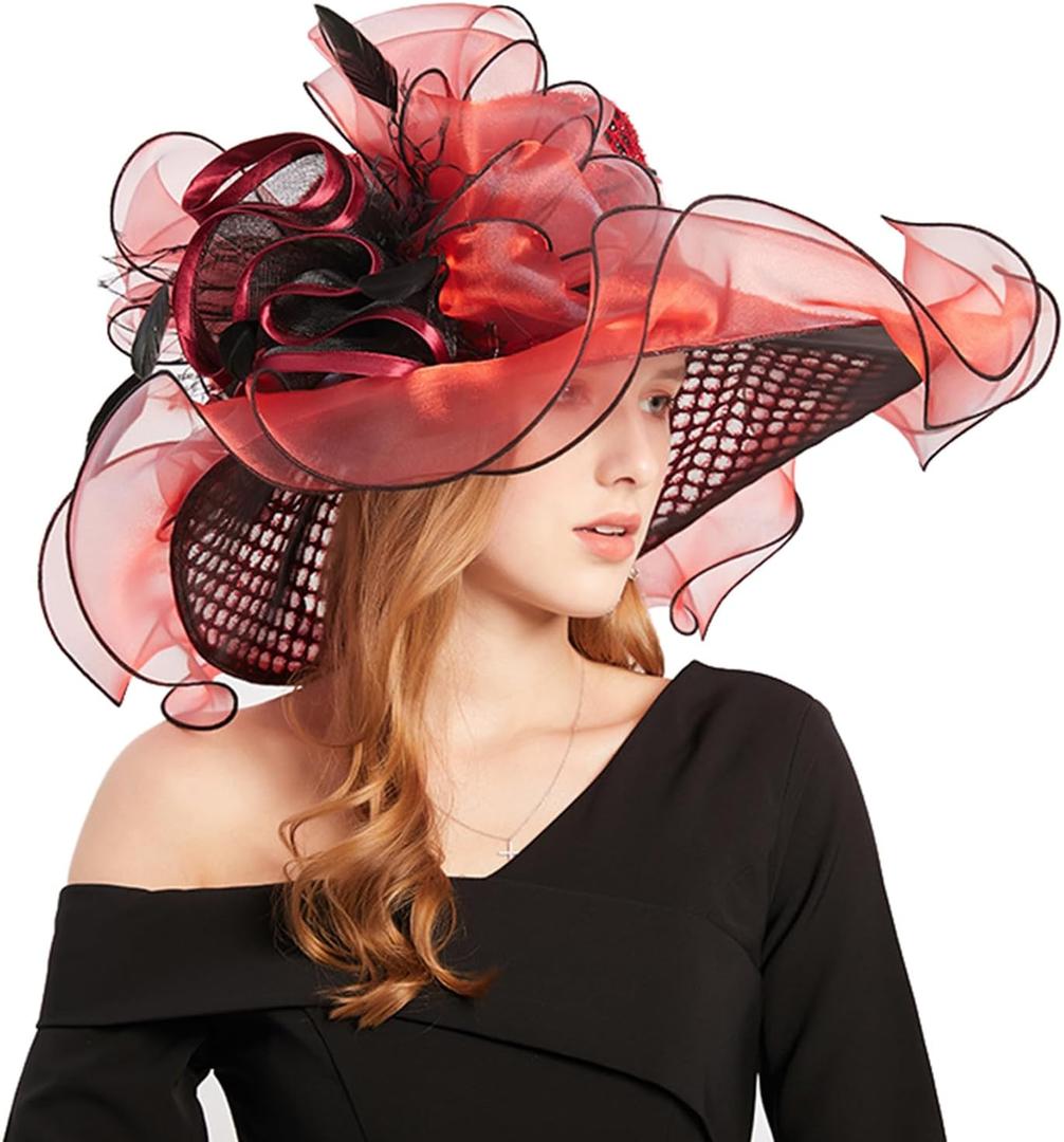 ORIDOOR Women Organza Fascinator Church Derby Hat Floral Tea Party Wedding Hat (Red)