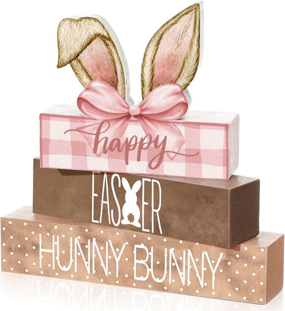 Cinnvoice 4 Pcs Easter Bunny Wooden Decor Coquette Pink Easter Table Decor Tiered Tray Bunny Decorations Indoor Table Sign for Farmhouse Centerpiece Vintage Rustic Spring Gift