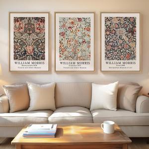 Framed Vintage William Morris Canvas Wall Art Set of 3, Large Retro Floral Artwork Prints, Rustic Farmhouse Botanical Aesthetic Wall Decor for Living Room, Bedroom, Hallway, Office, Total Size 30x60, 20"W x 30" H x 3Pcs