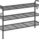 SONGMICS Shoe Rack, 3-Tier Shoe Organizer, Metal Shoe Shelf Storage with 4 Side Hooks, Holds 15 Pairs of Shoes, Height-Adjustable Shoe Rack for Entryway, Hallway, Closet, Ink Black ULMR138B01