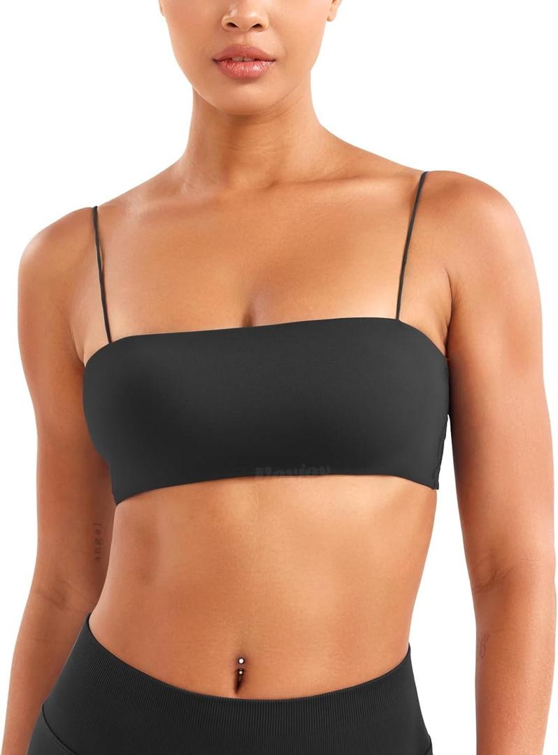 VOYJOY Women Spaghetti Strap Sports Bra Padded Low Support Seamless Impact Cami Square Neck Workout Yoga Bra Crop Top (Small, Black)