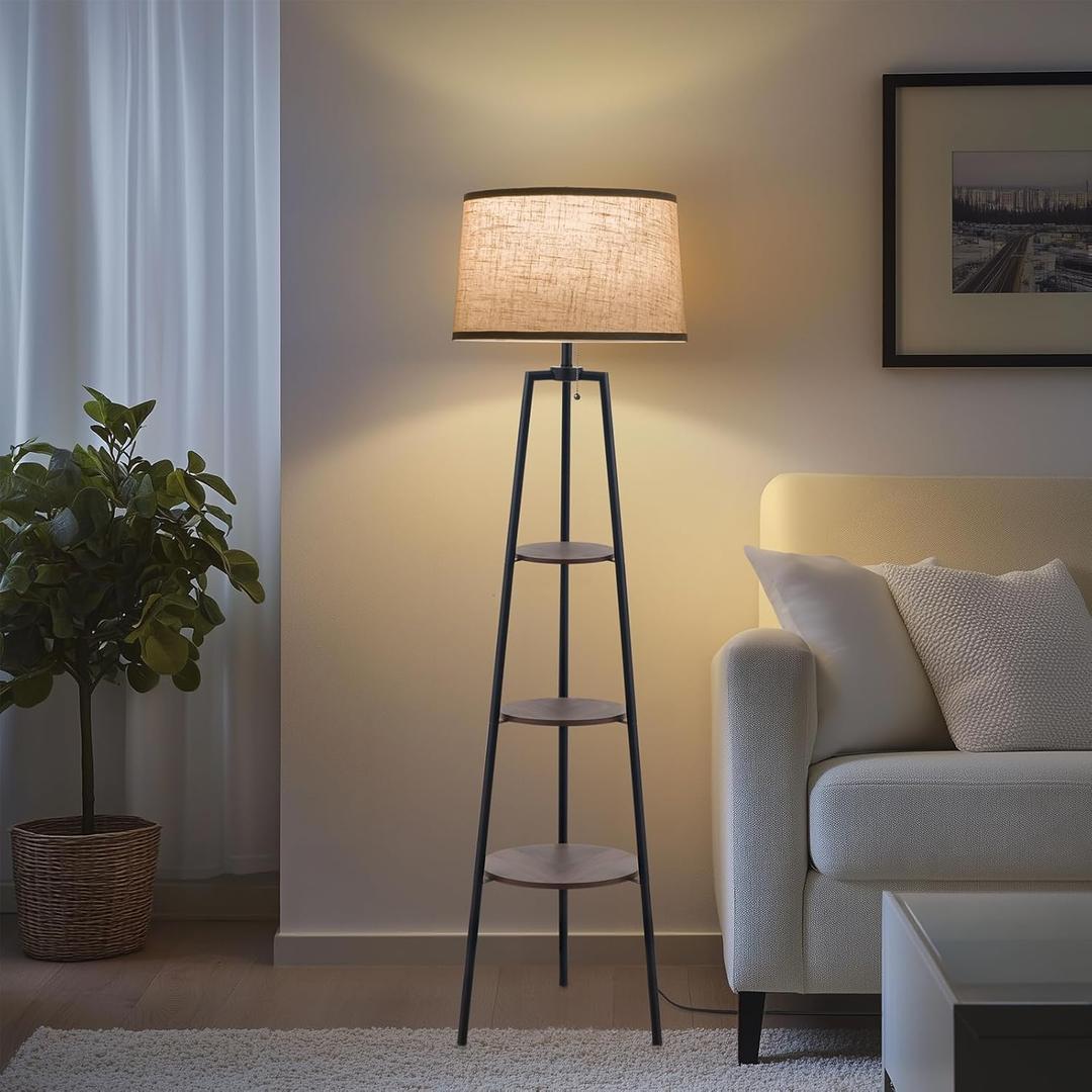 EOEYYOYB 3 Tier Shelf Floor Lamps for Living Room, Modern Standing Lamp with 3 Color Temperature Led Bulb, Tall Lamps for Bedroom and Office, Walnut